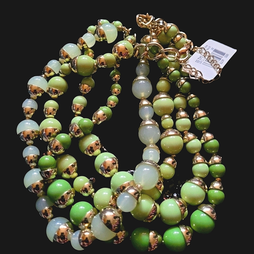 Macy's Exquisite Multi 4 Strand Faux Pearls  Green Goldtone Statement  Necklace